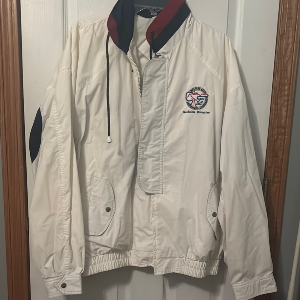 White Windbreaker with Navy and Red Collar